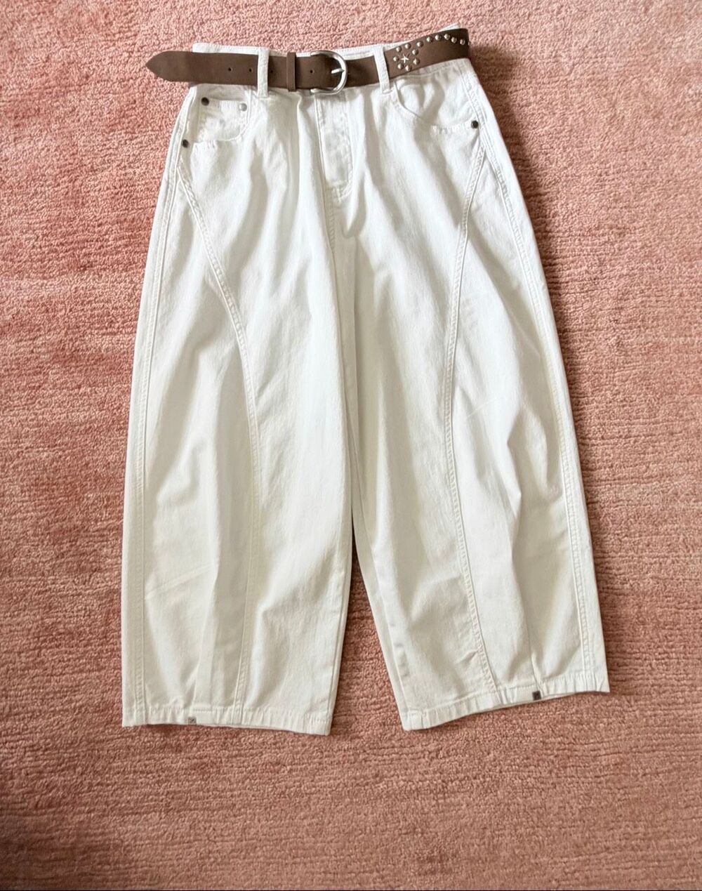 White Barrel Leg Cropped Pants High Rise Original Design Cotton Stretch Belt M N